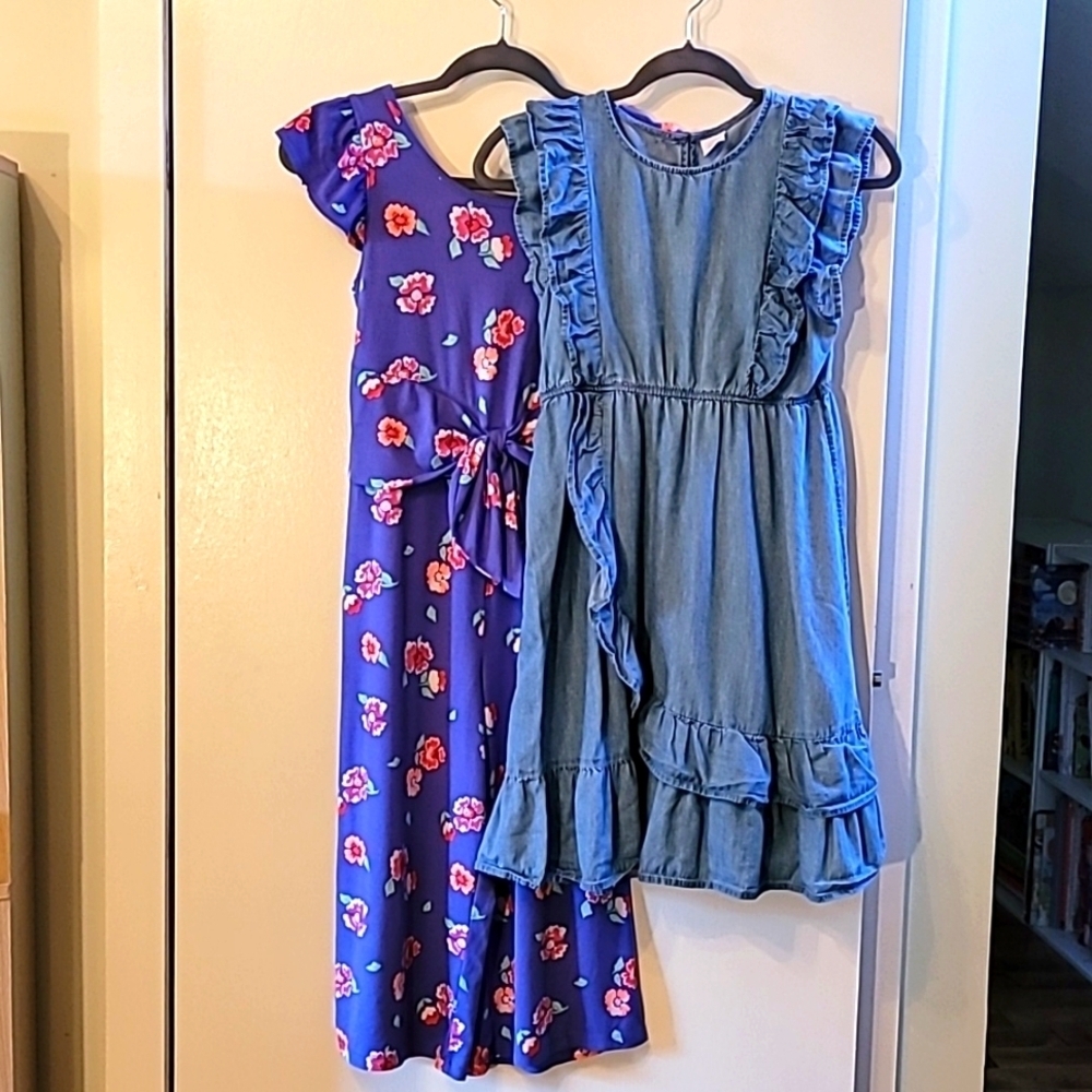 Wonder Nation Set of 2, Chambray Dress & Blue Floral Jumpsuit - Girls L 10/12